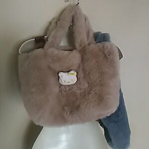 Faux Fur Beige Tote Bag With Hello Kitty Charm